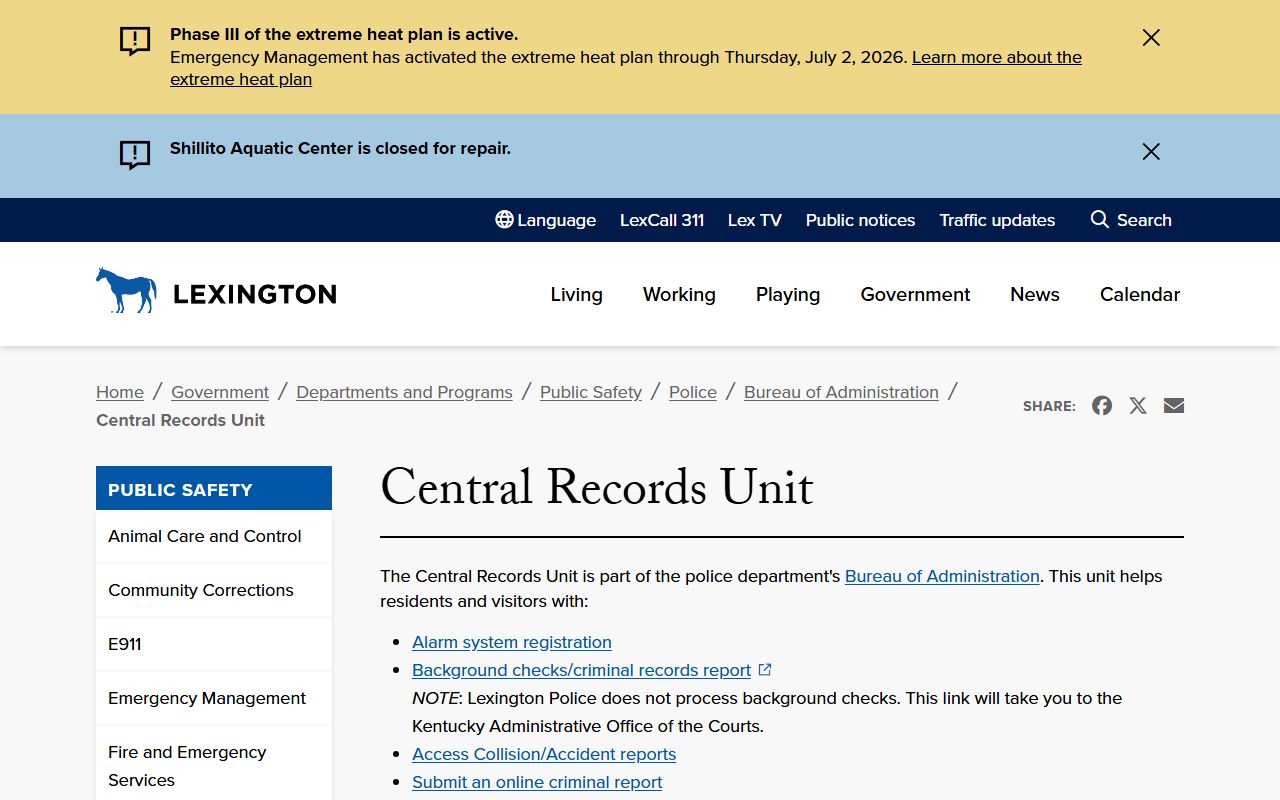 Fayette County arrest records Lexington Police Central Records source