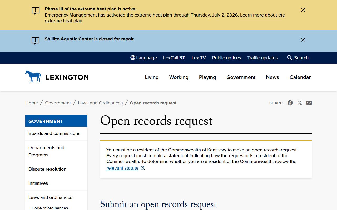 Fayette County Court records Lexington open records request page