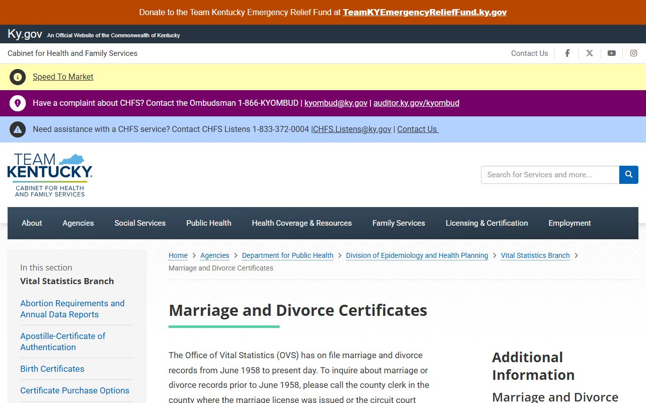 Fayette County marriage and divorce records Kentucky Vital Statistics certificates